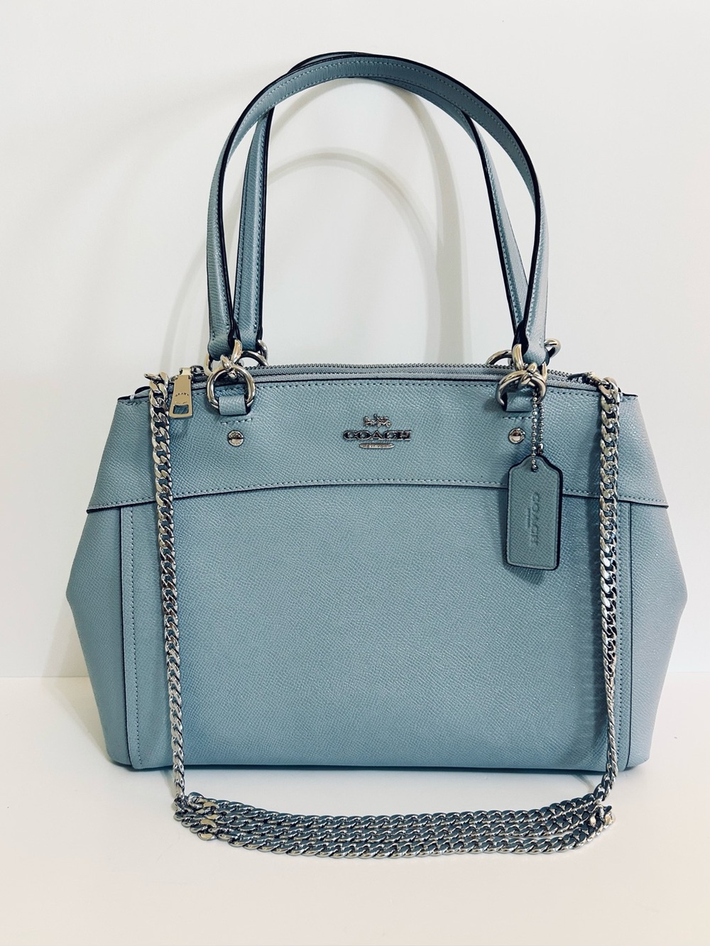 Coach Top Handle Crossbody Light Blue w/2 Zipper Compartments Silver Accents